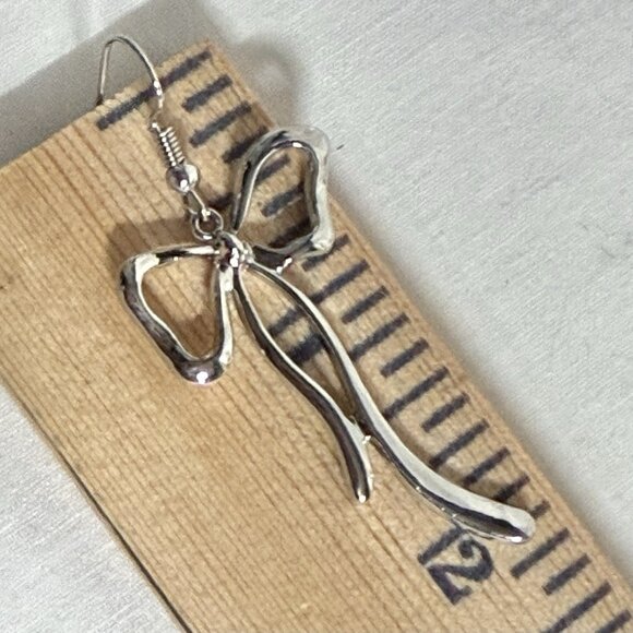 Silver Tone Ribbon Bow Dangle Earrings - Picture 7 of 8